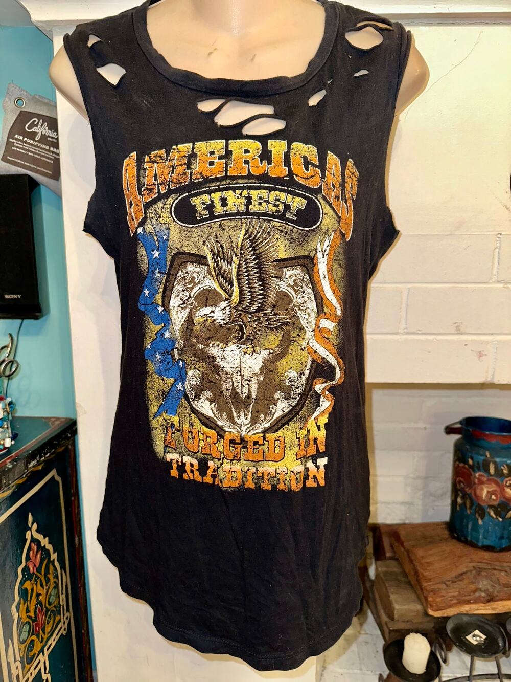 NWOT PROJECT SOCIAL DISTRESSED GRAPHIC BIKER EAGLE AMERICA BULL FLAG TANK TOP S